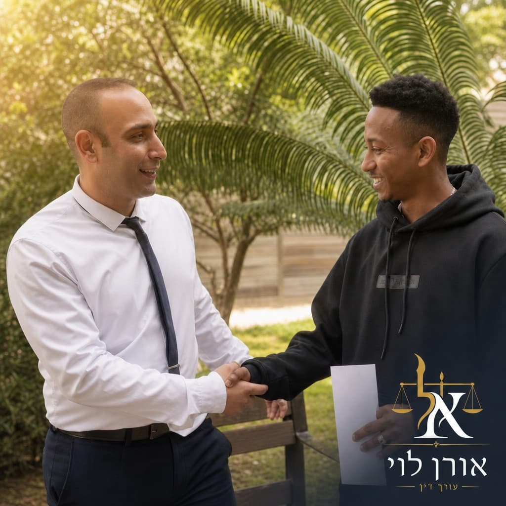 עו"ד אורן לוי לוחץ יד ללקוח מרוצה לאחר הפחתת חובות מ-300 אלף ש"ח ל-57 אלף ש"ח