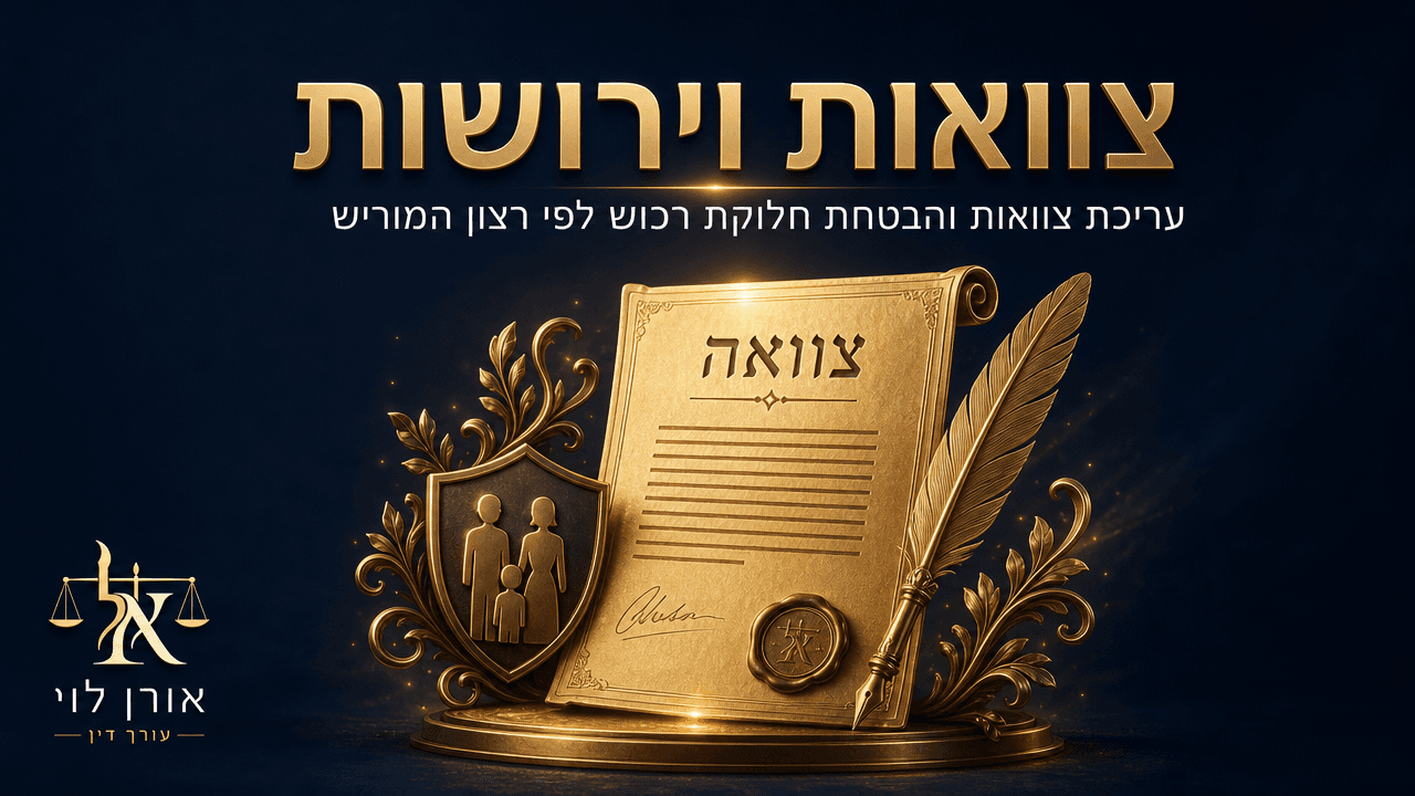 Golden will scroll with family crest shield and quill — wills and inheritance, Oren Levy Law Office