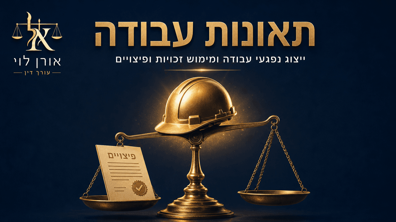 מאזני צדק מוזהבים עם קסדת בטיחות ומסמך פיצויים — ייצוג נפגעי תאונות עבודה, משרד עו"ד אורן לוי